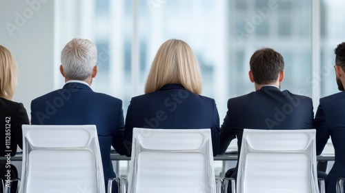 Back view of business people sitting in a conference room on white chairs wearing formal suits.