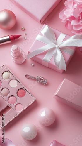 Beautiful collection of pink makeup and cosmetics arranged on a soft pink bac...