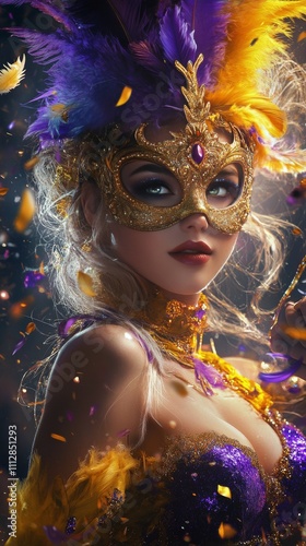 Captivating masked performer in vibrant carnival attire with colorful feather...