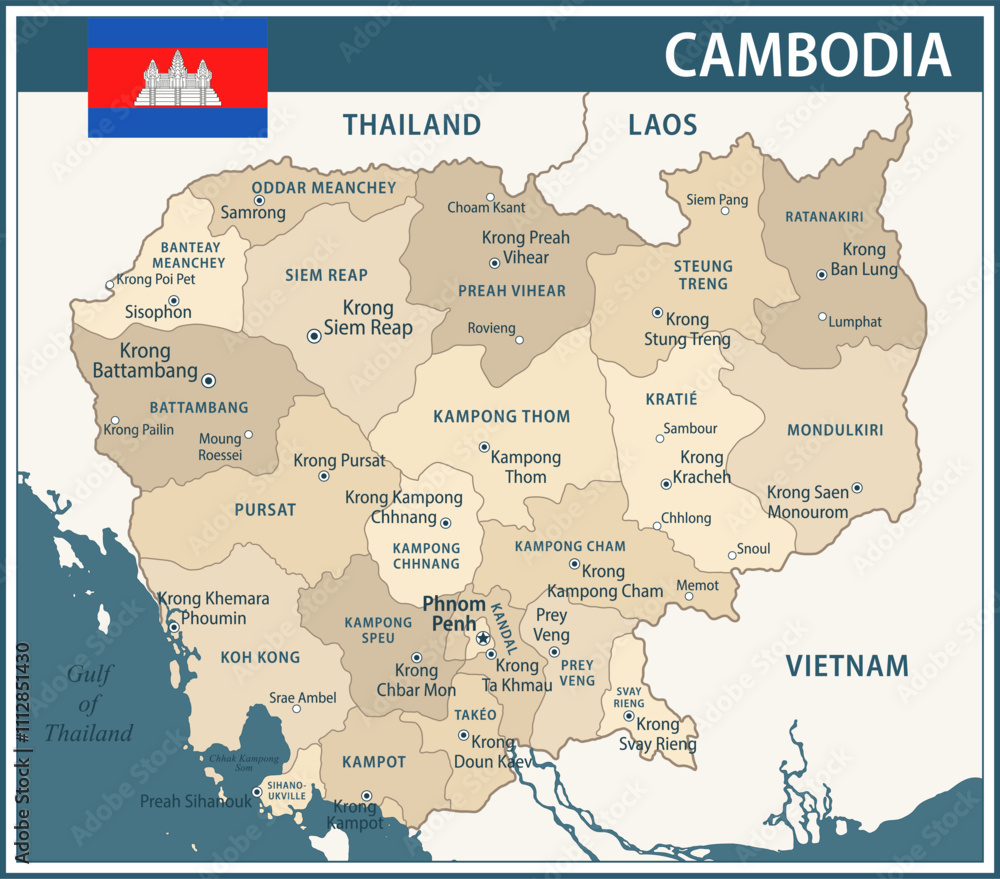 Fototapeta premium Cambodia Map Vector Vintage Dark Blue Beige - Customizable layered political map of Cambodia with administrative divisions for website, education, reports, news, politics, print, poster and wallpaper