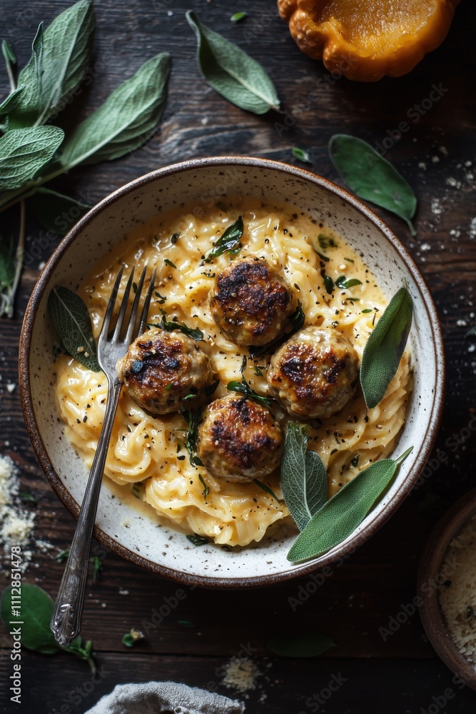 Creamy pasta dish with meatballs and sage. A comforting and delicious meal, perfect for a cozy night in. Creamy pasta dish with meatballs and sage. A comforting and delicious meal, perfect for a cozy night in.