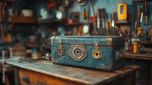 High-Resolution Image of a Shiny Black Toolbox on Wooden Workbench: Ideal for DIY, Car Repair, and Tool Industry Websites