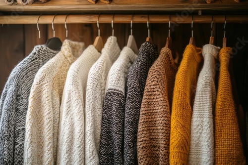 Warm knitted sweaters hanging on a wooden rack in a cozy boutique during autu...