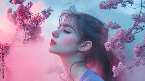 Serene woman amidst pink blossoms and ethereal mist.