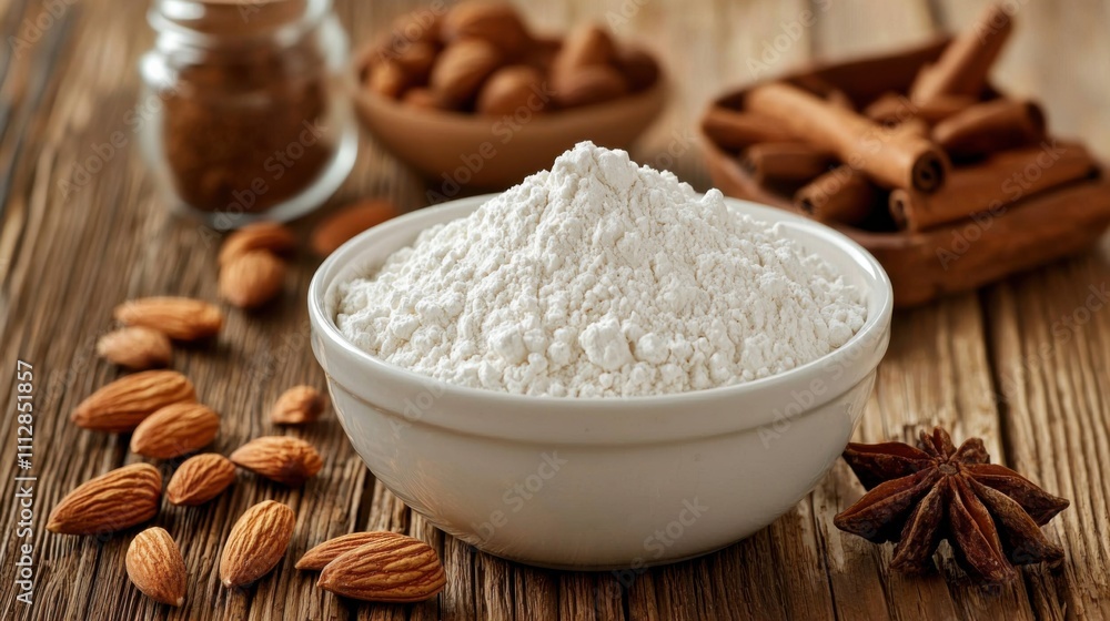 Almond flour in a bowl with almonds and cinnamon sticks. Baking ingredients. Almond flour in a bowl with almonds and cinnamon sticks. Baking ingredients.