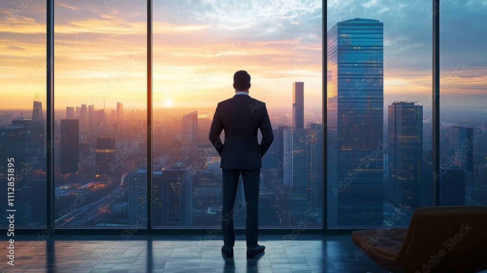 Business leader contemplates cityscape at sunrise from high-rise office Business leader contemplates cityscape at sunrise from high-rise office