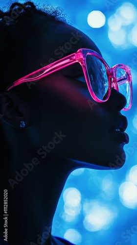 Captivating profile silhouette highlighted by neon glasses against a blue bok...