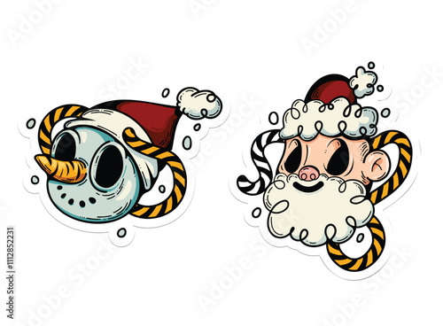 Bright and stylish vector stickers with Santa Claus and a snowman: a festive mood in every stroke! Colorful illustrations, highlighted on a light background, are ideal for decoration and design