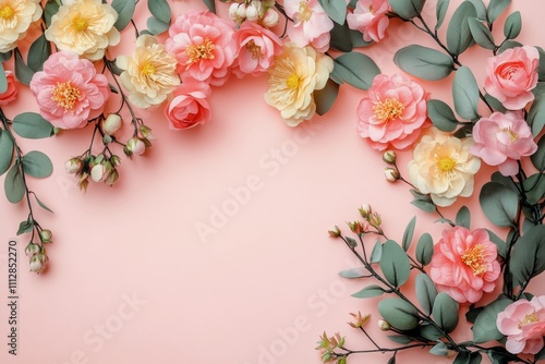 Cherry blossom branches in full bloom against a bright yellow background duri...