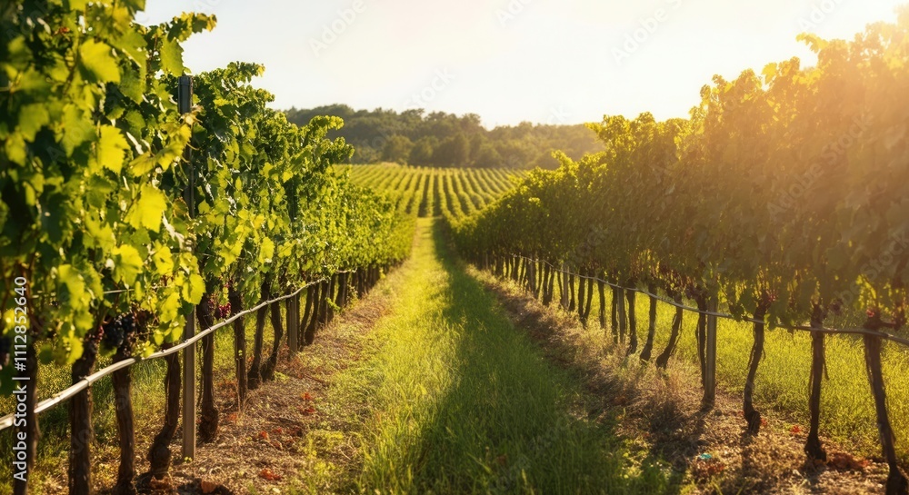 Naklejka premium Tranquil vineyard rows in sunlit countryside landscape