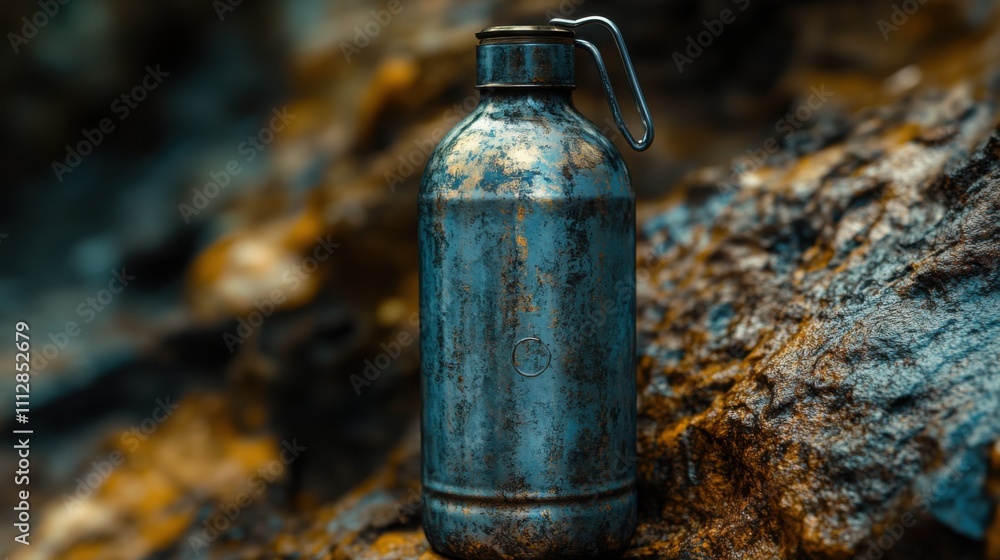 High-Resolution Image of a Sleek, Shiny Metal Water Bottle on a Textured Surface, Perfect for Product Displays and Lifestyle Advertising High-Resolution Image of a Sleek, Shiny Metal Water Bottle on a Textured Surface, Perfect for Product Displays and Lifestyle Advertising