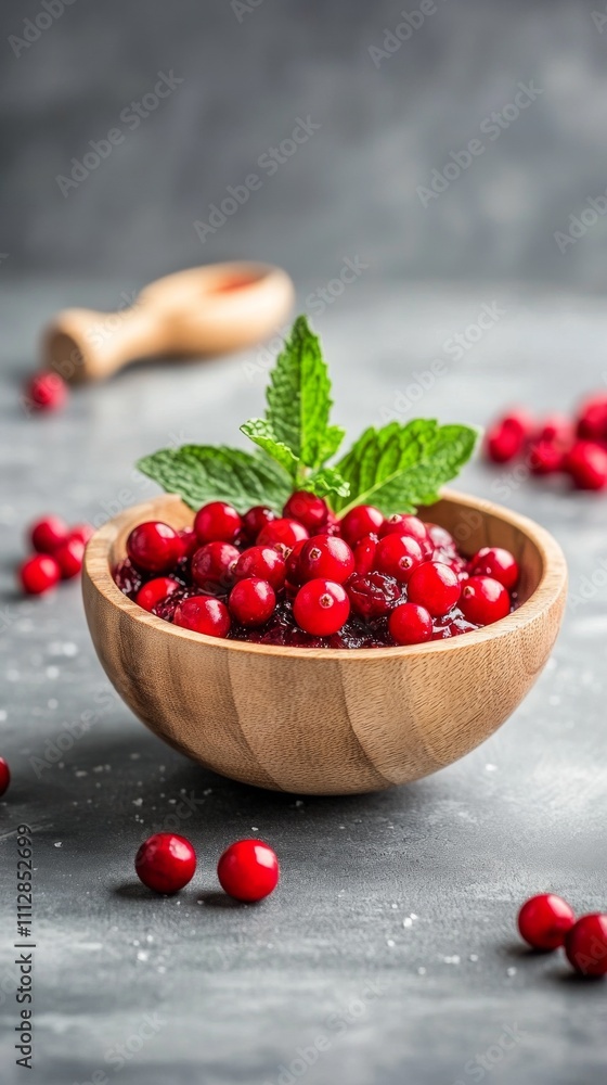 Fresh cranberries in a wooden bowl with mint leaves on a gray background Fresh cranberries in a wooden bowl with mint leaves on a gray background