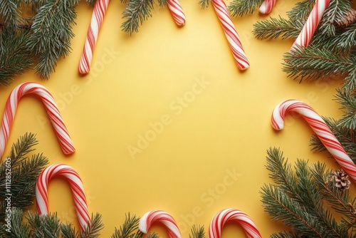 Colorful candy canes and pine branches adorn a bright yellow festive background