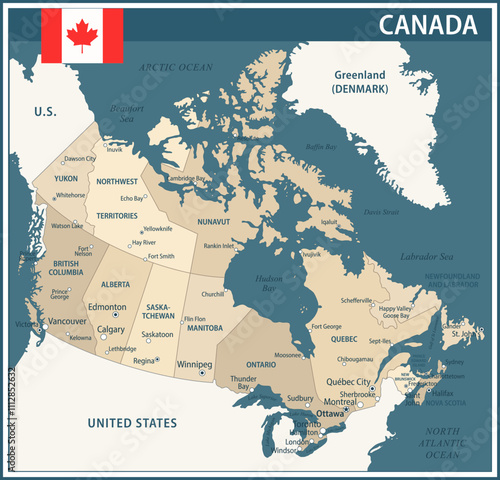 Canada Map Vector Vintage Dark Blue Beige - Customizable layered political map of Canada with administrative divisions for website, education, reports, news, politics, print, poster and wallpaper