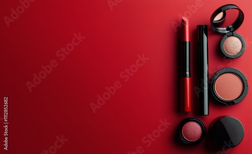 Red cosmetics laid out on a vibrant red background for beauty enthusiasts and...