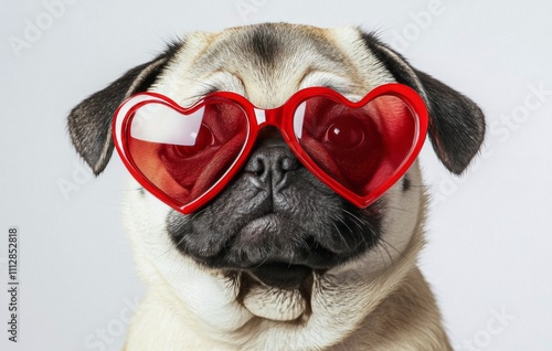Pug wearing heart shaped sunglasses poses for a playful portrait in a studio ...