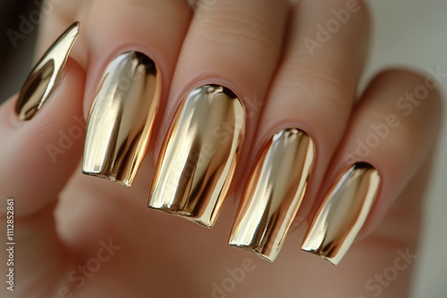 Beautiful gold manicure shining in natural light with elegant glossy finish