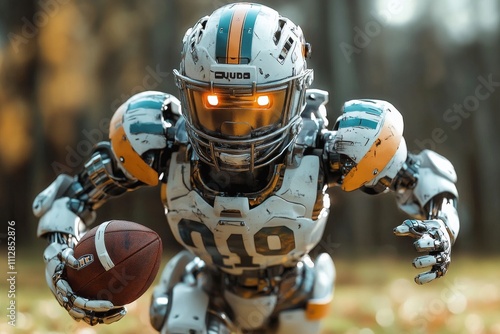 Robot quarterback runs toward goal line during a futuristic football game in ...