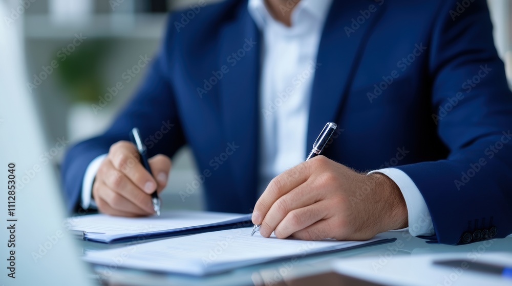 Close-up of a businessman in a navy suit signing documents with a pen on a desk. Professional contract signing concept. Close-up of a businessman in a navy suit signing documents with a pen on a desk. Professional contract signing concept.