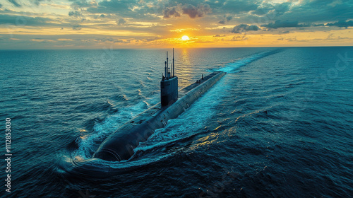 Modern military submarine navigating the ocean at sunset, concept of sea, water, surface.