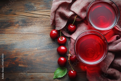Refreshing cherry drinks served in glasses on rustic wooden table surrounded ...