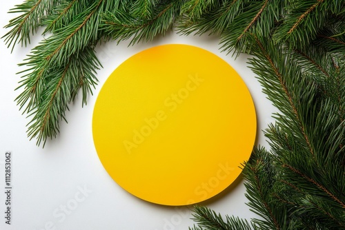 Bright yellow circle surrounded by lush green pine branches on a white surface