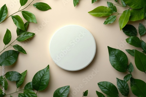 Round blank canvas surrounded by green leaves on a soft background