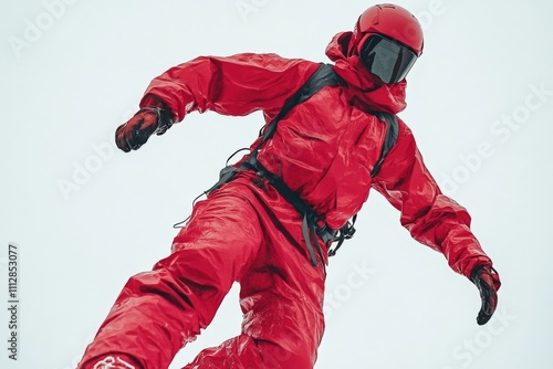 Snowboarder in bright red outfit descends snowy slope under cloudy sky