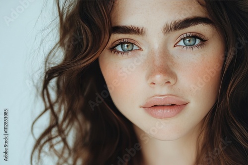 Close up of a woman with striking green eyes and natural makeup against a lig...
