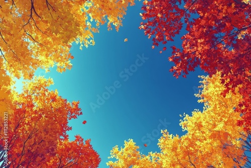 Person gazing up at vibrant autumn trees in a forest under clear blue sky