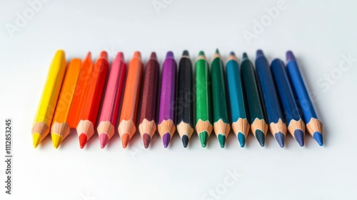 Colorful collection of crayons arranged neatly on a white background for arti...