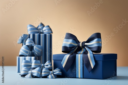 Blue and white gift box with heart shaped decor on a smooth surface