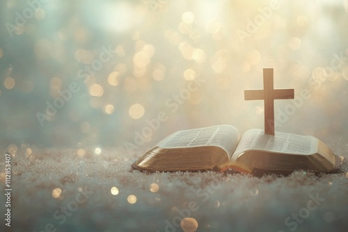 Open Bible with Cross in Rays of Light in a Quiet Room