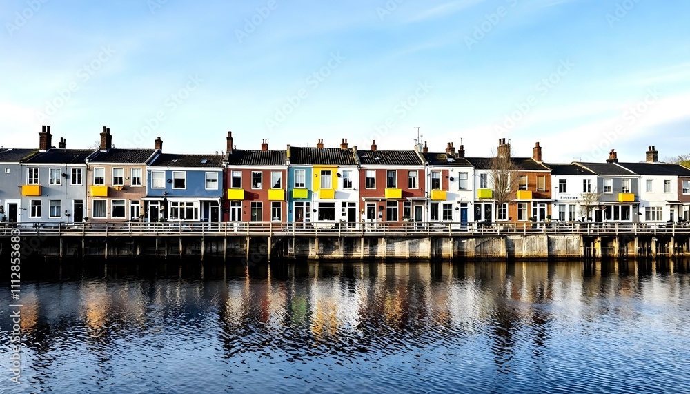 Obraz premium Row of colorful quaint charming homes houses along a riverwalk with reflections on the water decorated for Christmas in the winter with snow 