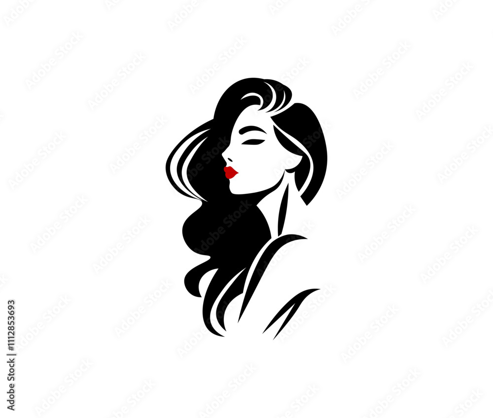 Vector illustration of black and white silhouette of a girl's face with curls and red lips Vector illustration of black and white silhouette of a girl's face with curls and red lips
