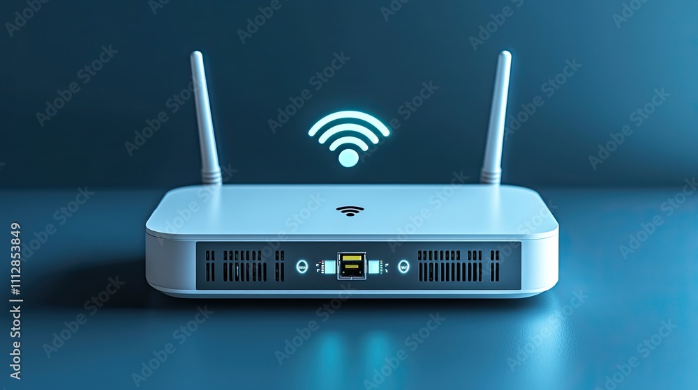 Fototapeta premium white wifi router wireless broadband modem with antennas in front and perspective view ethernet router for network connection and internet access isolated on white backgroun
