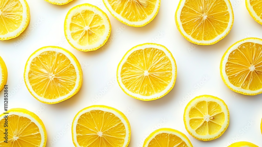 Fresh lemon slices arranged in a pattern on a white background. Fresh lemon slices arranged in a pattern on a white background.