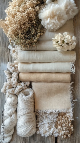 A collection of natural fiber yarns and textiles arranged on a wooden surface