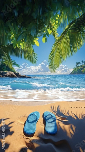 Bright blue flip flops on sandy beach near gentle waves and palm leaves
