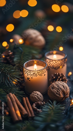Warm candlelight glows among pine branches and winter decor during the festiv...