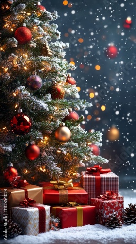 Festively decorated Christmas tree with presents under soft snowfall in a coz...