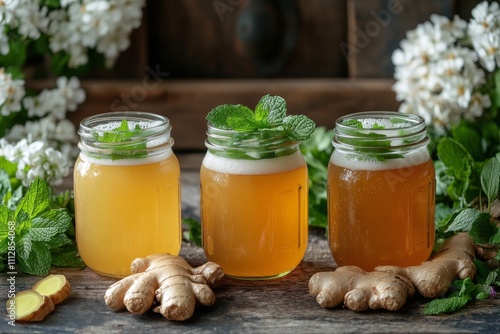 Refreshing ginger mint drinks served in mason jars with fresh herbs and spices