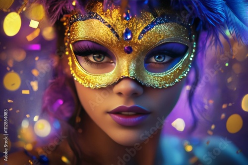 Elegant masked dancer in vibrant colors celebrates at a festive event