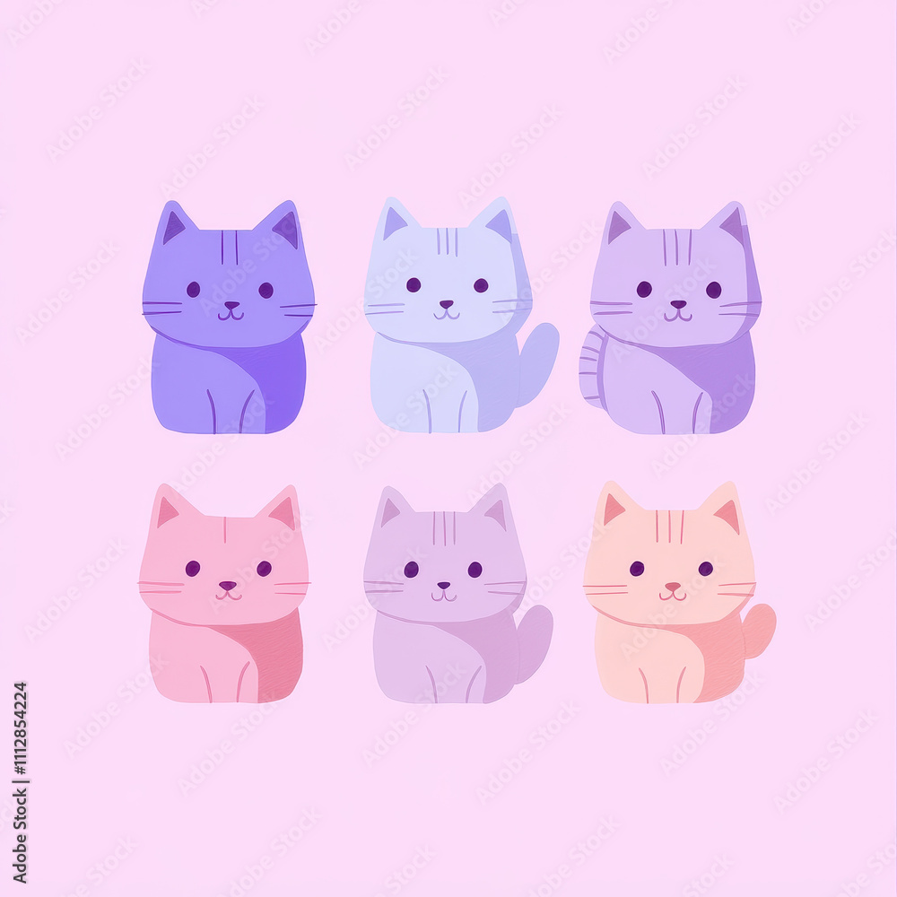 Cute cartoon cats in pastel colors on pink background, showcasing various expressions and poses. Perfect for pet lovers and children designs Cute cartoon cats in pastel colors on pink background, showcasing various expressions and poses. Perfect for pet lovers and children designs