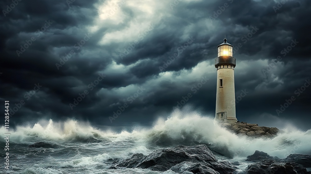Historic lighthouse overlooking a rocky coastline during a storm Historic lighthouse overlooking a rocky coastline during a storm
