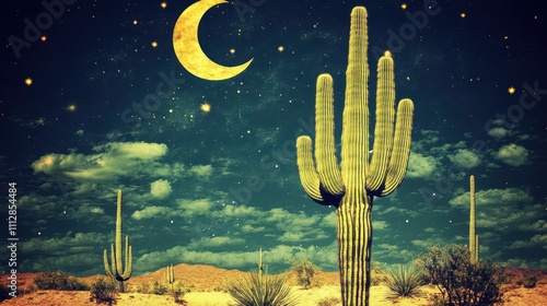 Desert landscape at night with a crescent moon and stars, saguaro cacti and a sandy desert.