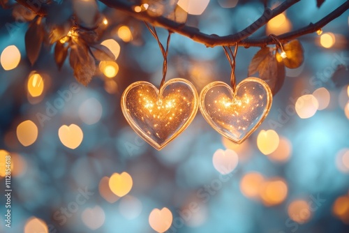Colorful heart shaped bokeh lights with rain droplets on a window at night