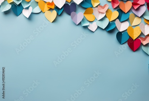 Colorful paper hearts arranged on a blue background create a festive and chee...