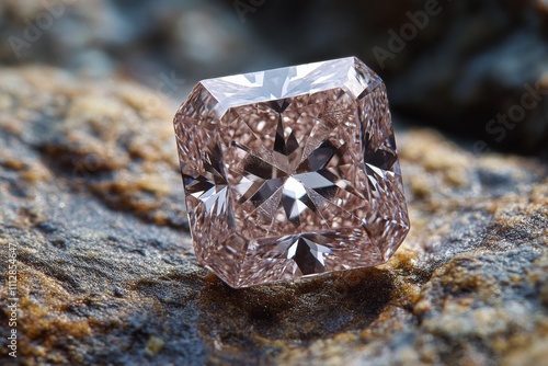 Natural light highlights a stunning pink diamond resting on textured rocks in...