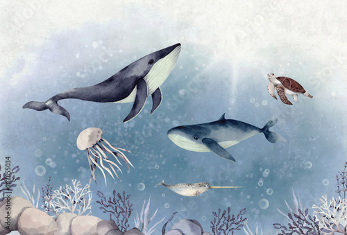 Mural wallpaper. Wallpapers for kids. Wallpaper for the children's room with the aquatic world	
 photo